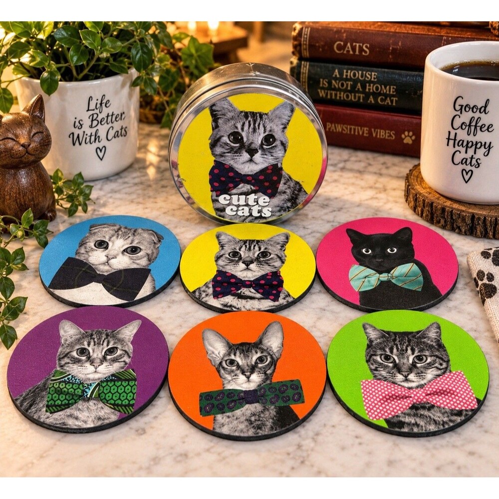 Cute Cat Coasters Set of 6 Bow Tie Cats Colorful 3.5in Rubber Back Metal Holder